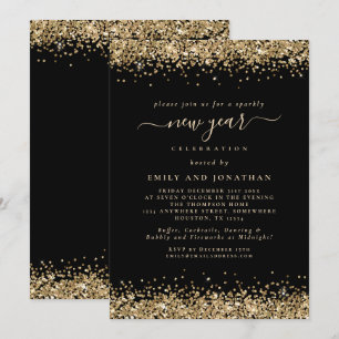 Gold Glitter Script Black New Years Eve Party Invitation
