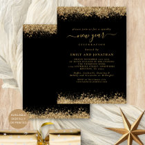 Gold Glitter Script Black New Years Eve Party Invitation