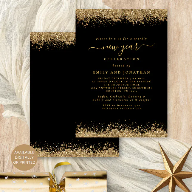 Gold Glitter Script Black New Years Eve Party Invitation | Zazzle