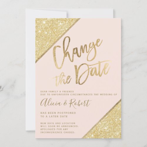 Gold glitter script blush pink change the date save the date