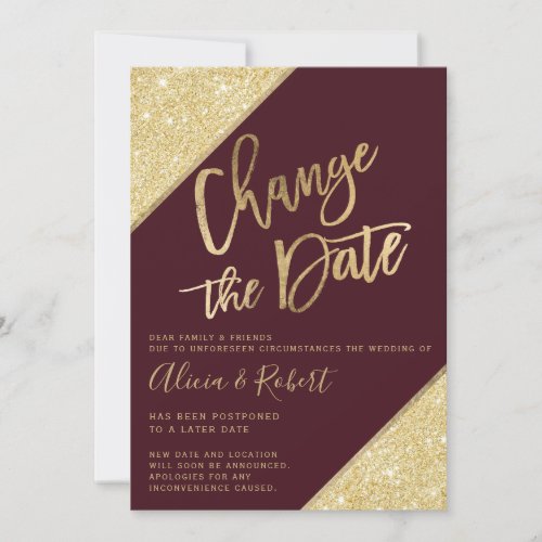 Gold glitter script burgundy chic change the date save the date