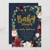 Gold glitter script burgundy Navy baby shower Invitation (Front/Back)
