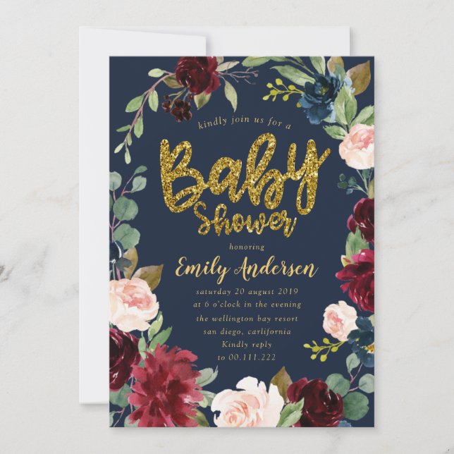 Gold glitter script burgundy Navy baby shower Invitation (Front)