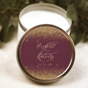 Gold Glitter Script Burgundy Wedding Classic Round Sticker