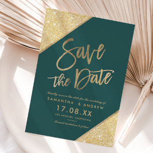 Gold glitter script emerald green save the date