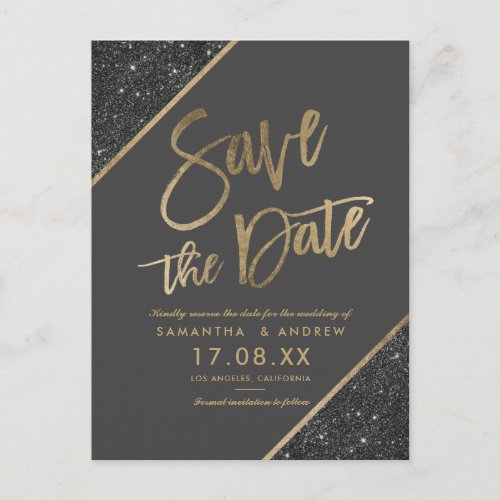 Gold glitter script gray save the date announcement postcard