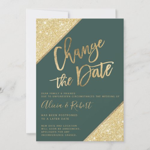 Gold glitter script green chic change the date save the date