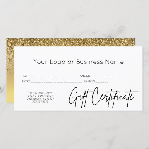 Gold Glitter Script Logo Business Gift Certificate