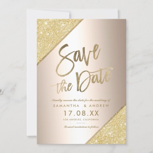 Gold glitter script metallic foil save the date