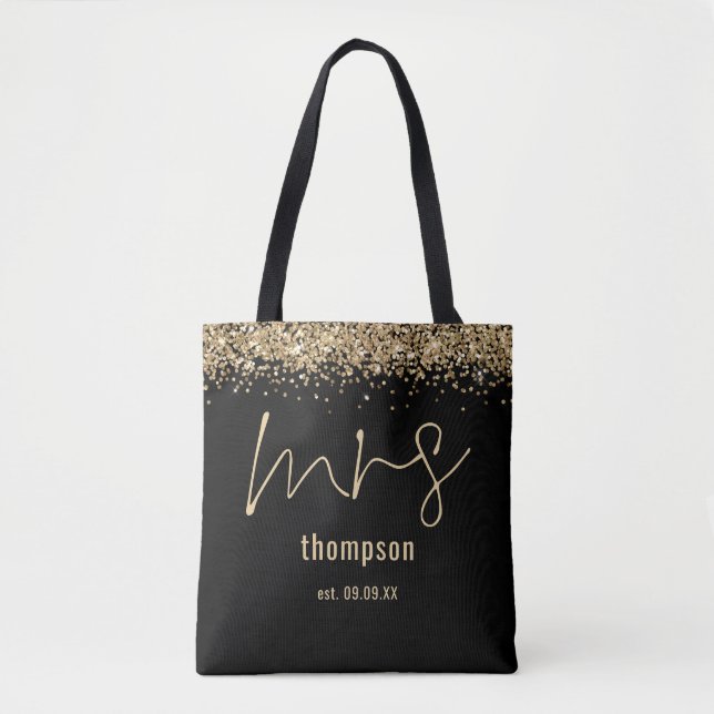Gold Glitter Script Mrs Name Date Bride Black Tote Bag (Front)