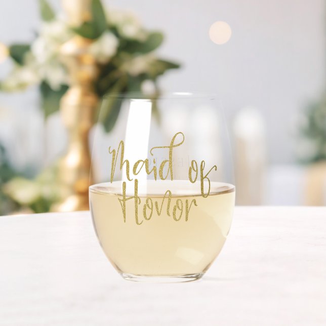 Gold Glitter Script Name Date Maid of Honor Gift Stemless Wine Glass (Insitu (Wedding))