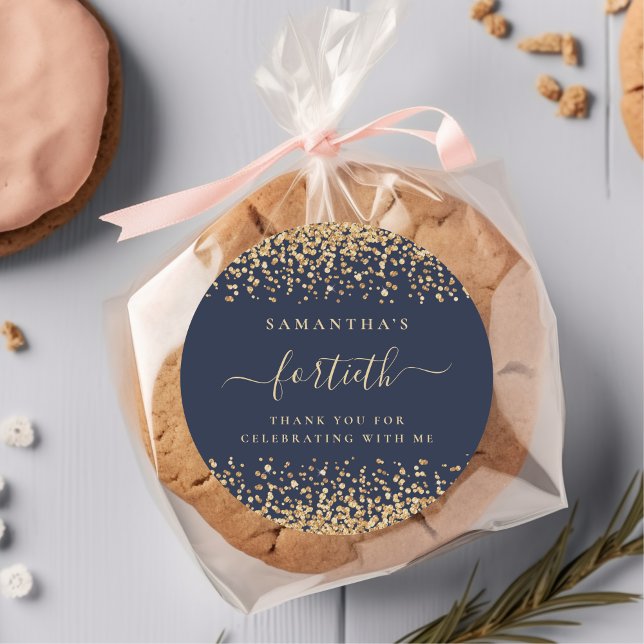 Gold Glitter Script Navy Blue 40th Party Thank You Classic Round Sticker (Creator Uploaded)