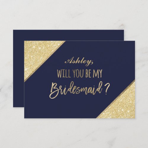 Gold glitter script navy blue be my bridesmaid invitation