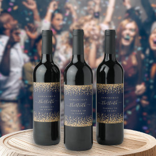 Gold Glitter Script Navy Blue Cheers 30th Party Wine Label