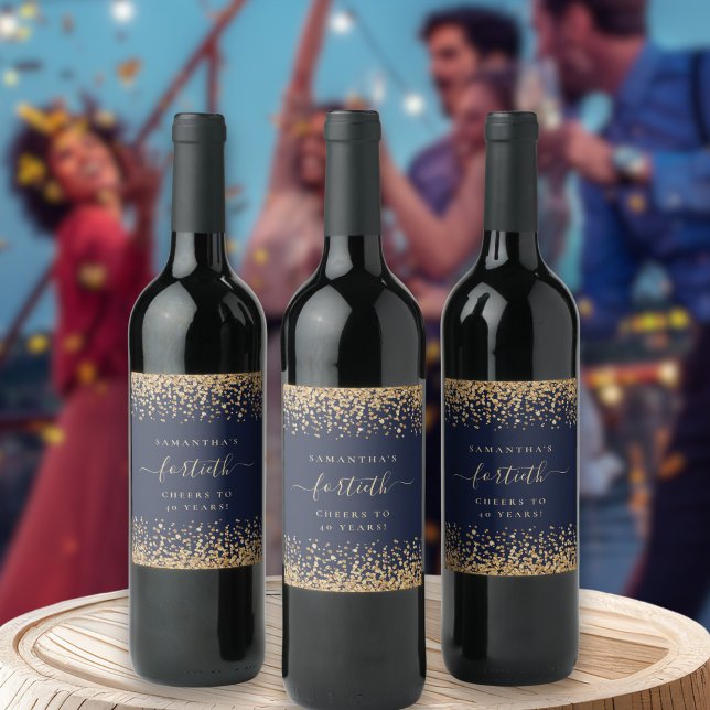 Gold Glitter Script Navy Blue Cheers 40th Party  Wine Label (Creator Uploaded)