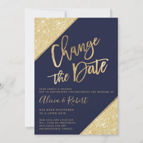 Gold glitter script navy blue chic change the date save the date