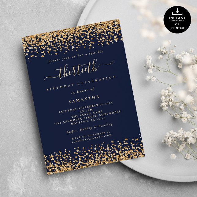 Gold Glitter Script Navy Blue Glam 30th Party Invitation (Creator Uploaded)