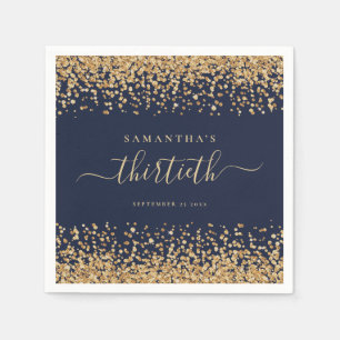 Gold Glitter Script Navy Blue Glam 30th Party Napkins