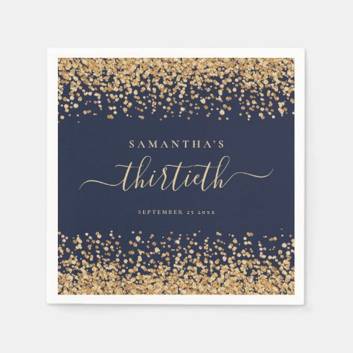 Gold Glitter Script Navy Blue Glam 30th Party Napkins