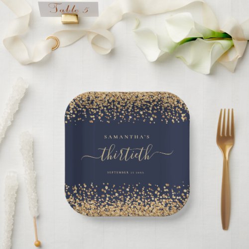 Gold Glitter Script Navy Blue Glam 30th Party Paper Plates