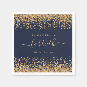 Gold Glitter Script Navy Blue Glam 40th Party Napkins