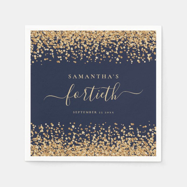 Gold Glitter Script Navy Blue Glam 40th Party Napkins (Front)