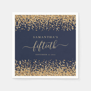 Gold Glitter Script Navy Blue Glam 50th Party Napkins