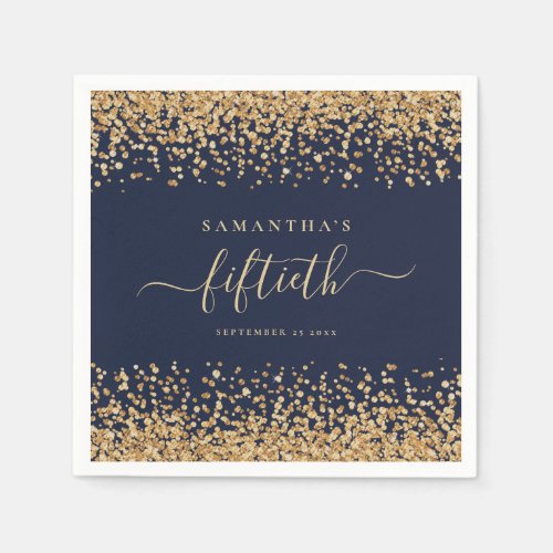 Gold Glitter Script Navy Blue Glam 50th Party Napkins