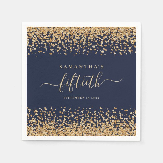 Gold Glitter Script Navy Blue Glam 50th Party Napkins (Front)