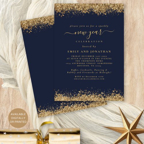 Gold Glitter Script Navy Blue New Years Eve Party Invitation