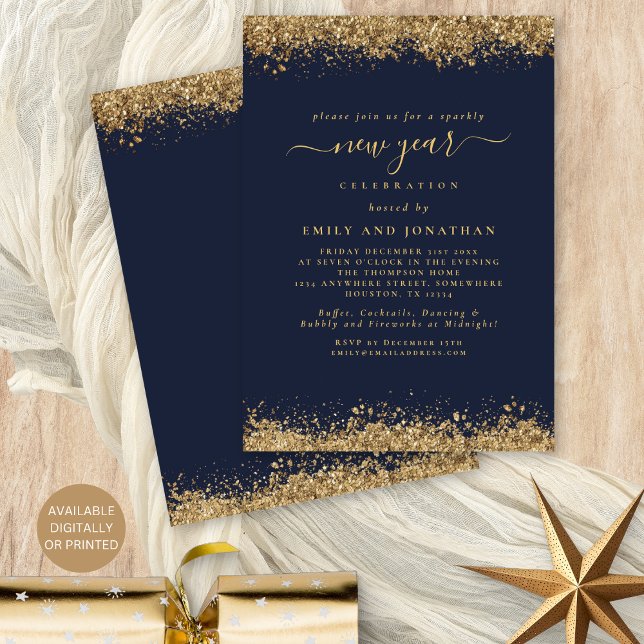 Gold Glitter Script Navy Blue New Years Eve Party Invitation (Front and back view. Available digitally and printed.)