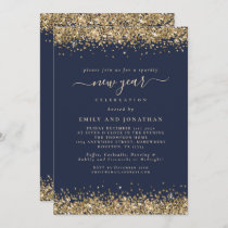 Gold Glitter Script Navy Blue New Years Eve Party Invitation