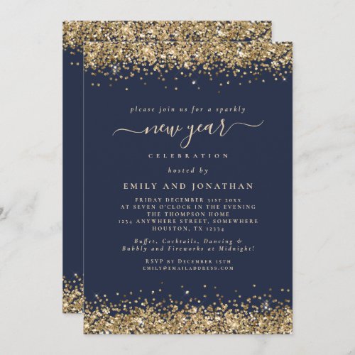 Gold Glitter Script Navy Blue New Years Eve Party Invitation