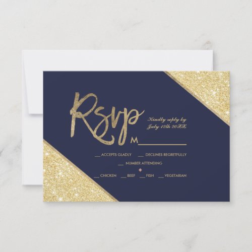 gold glitter script navy blue rsvp wedding