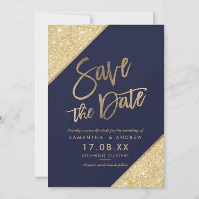 Gold glitter script navy blue save the date (Front)