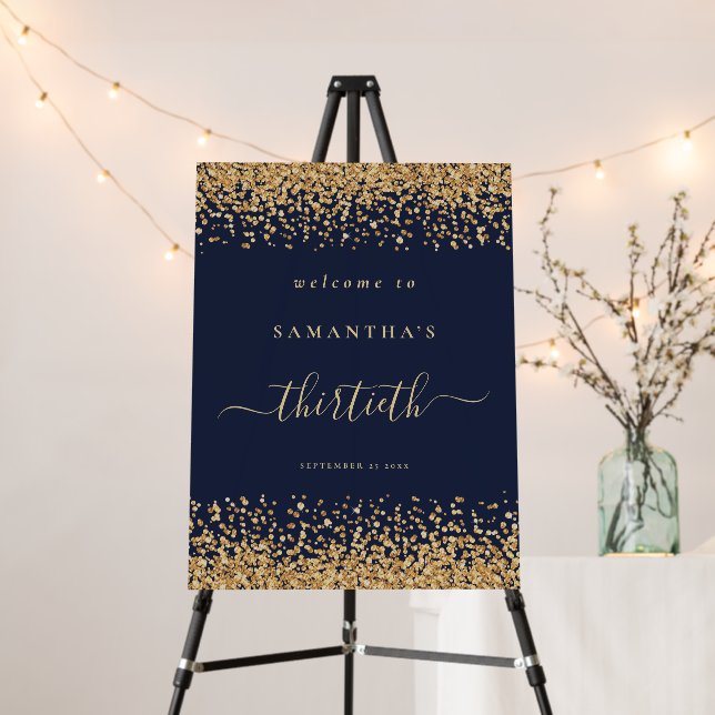 Gold Glitter Script Navy Blue Welcome 30th Party Foam Board (In Situ (Stand))