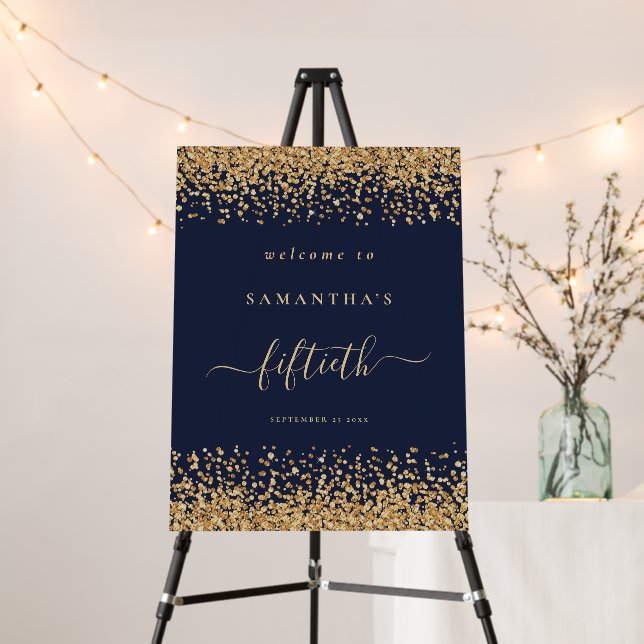 Gold Glitter Script Navy Blue Welcome 50th Party Foam Board (In Situ (Stand))