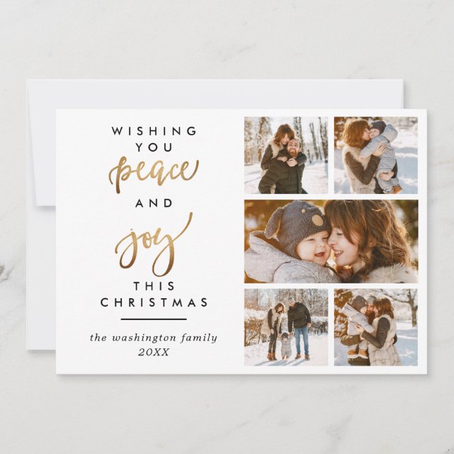 Gold Glitter Script Peace & Joy Christmas 5 Photo Holiday Card (Front)