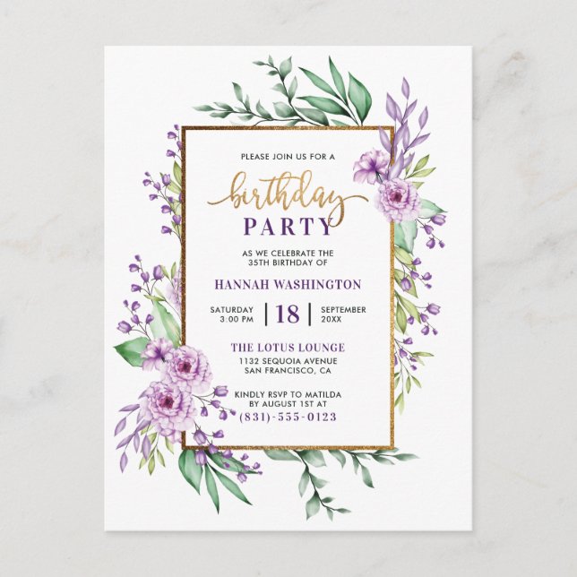 Gold Glitter Script Purple Floral Birthday Party Invitation Postcard (Front)