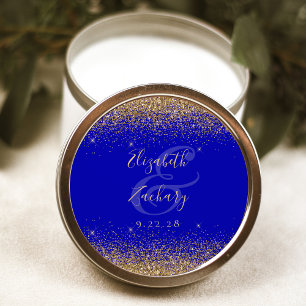 Gold Glitter Script Royal Blue Wedding Classic Round Sticker