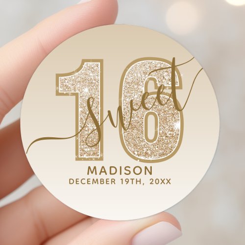 Gold Glitter Script Sweet 16 Birthday Classic Round Sticker