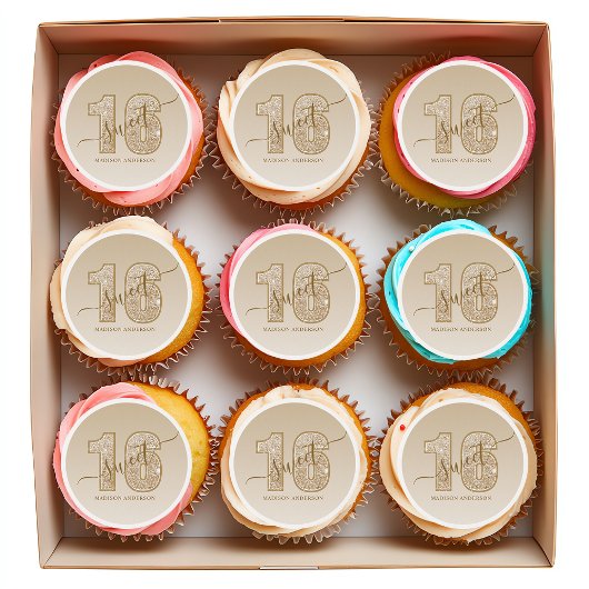 Gold Glitter Script Sweet 16 Birthday Edible Frosting Rounds