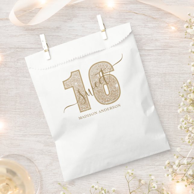 Gold Glitter Script Sweet 16 Birthday Favor Bag (Clipped)