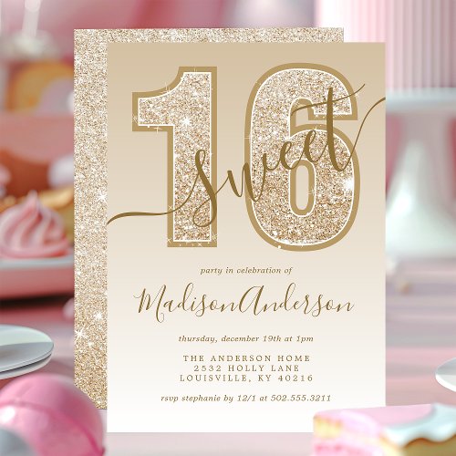 Gold Glitter Script Sweet 16 Birthday Party Invitation