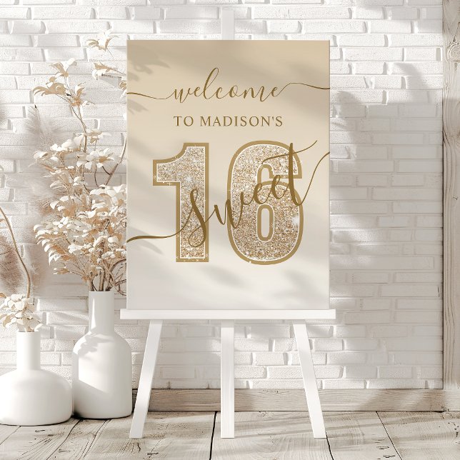 Gold Glitter Script Sweet 16 Birthday Welcome Foam Board (Creator Uploaded)