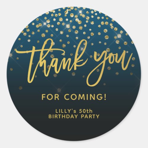 Gold Glitter Script Thank You For Coming Blue Classic Round Sticker