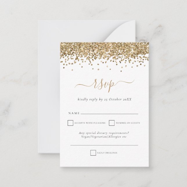 Gold Glitter Script Wedding RSVP Enclosure Note Card (Front)