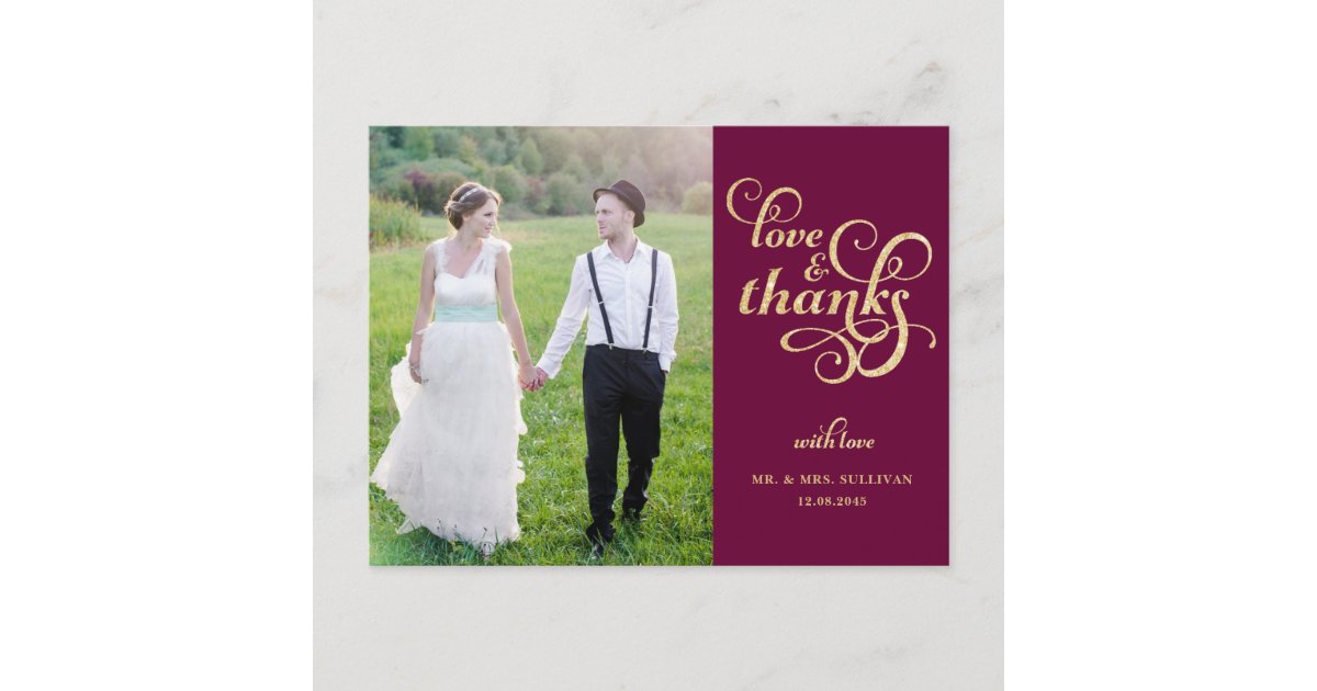 Gold Glitter Script Wedding Thank you Postcard | Zazzle