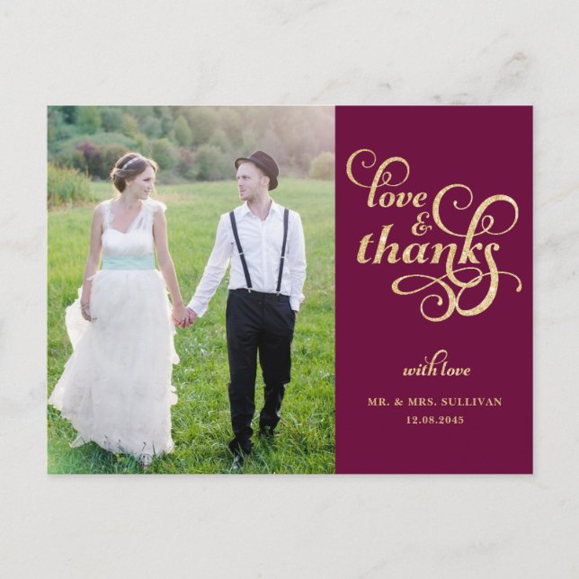 Gold Glitter Script Wedding Thank you Postcard (Front)