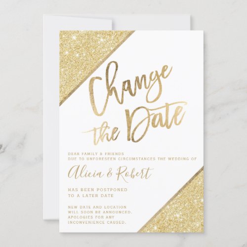 Gold glitter script white chic change the date save the date